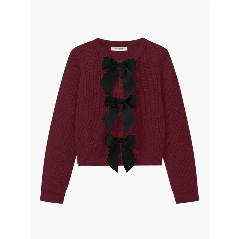 Commense Burgundy Ribbed Cardigan Black Bows Button‎ Front Womens Size M